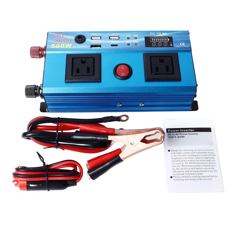 500W Car Power Inverter LED Display 3USB Type C DC 12V to AC 110V with Multiple Output Ports for Travel Camping