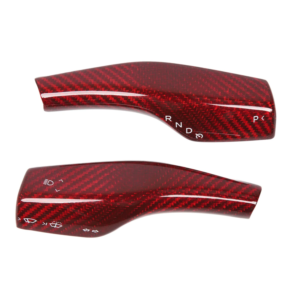 2PCS Steering Wheel Gear Shift Cover Real Carbon Fiber Scratch Proof Replacement for Tesla Model 3 Y 3K Twill Red Gloss