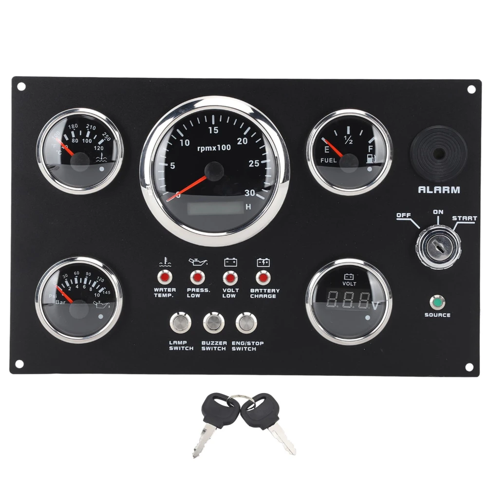 85mm Instrument Panel Gauge Set 24V 0 to 3000RPM Water Temperature Oil Level Oil Pressure with Key for Boat Yacht Red LED