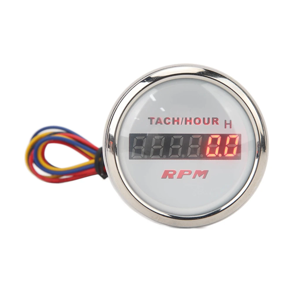 2in Digital Tachometer Accurate Digital Display Tacho Gauge for RV Yacht Fishing Boat Ship DC 9 to 32V White Dial Silver Bezel