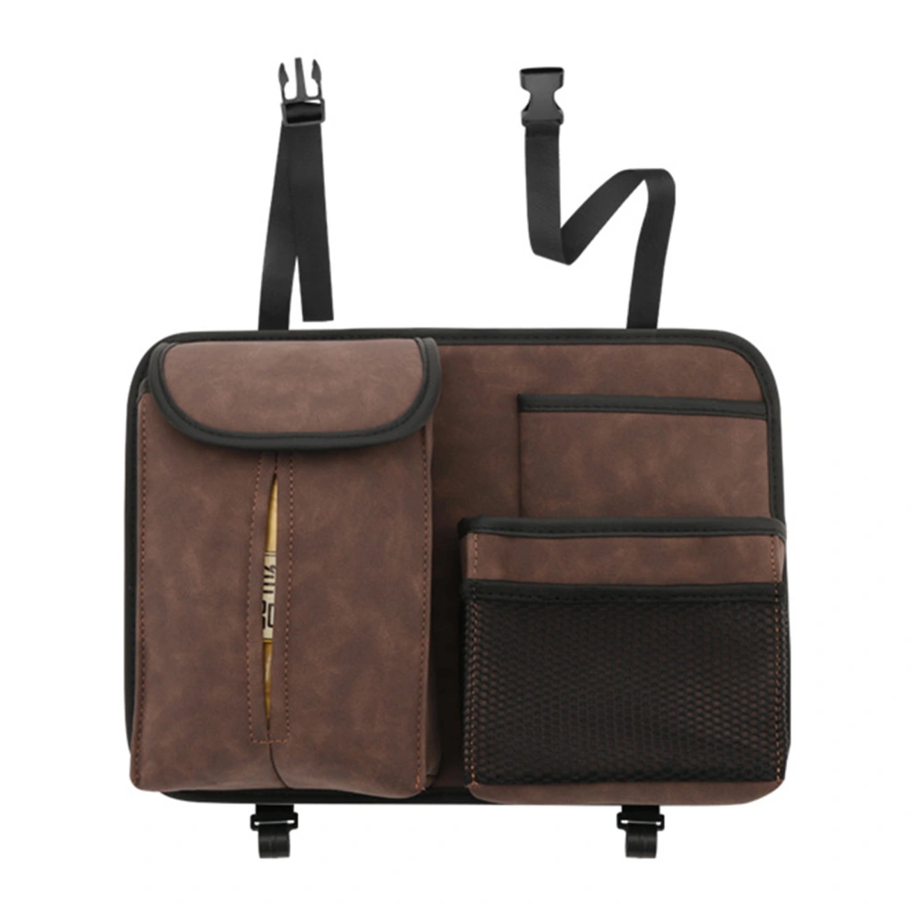Car Back Seat Storage Bag Suspension PU Leather Hanging Organizer with Hook for Tissue Brown
