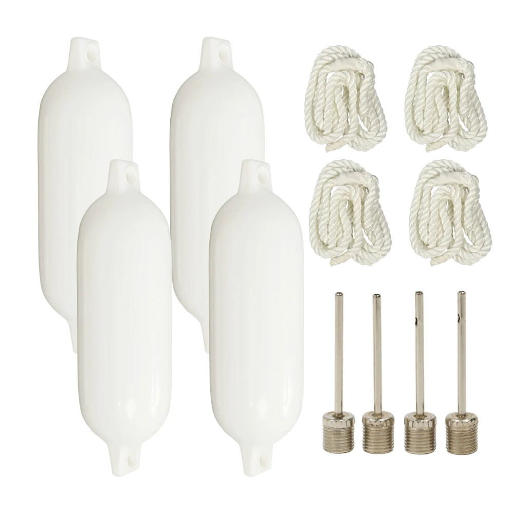 4 Pcs Inflatable Boat Bumpers PVC 5.5in X 20in Ribbed Twin Eyes with 4 Ropes for Yachts Pontoons Buoys Docks Shield Protection White