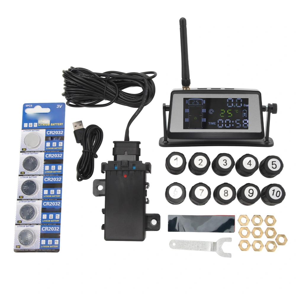 Solar Tire Pressure Monitoring System with 10 Sensors Real Time Wireless TPMS for Trailer Truck Motorhome