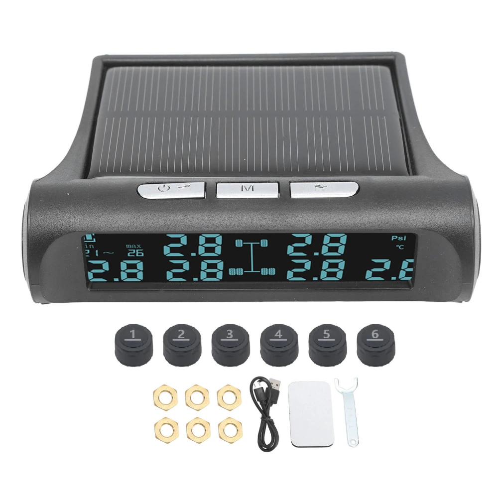 Wireless Solar Power TPMS LCD Display 6 Sensor Tire Pressure Monitoring System IP68 Waterproof Monitor for RV Trailer Van SUV Pickup Bus