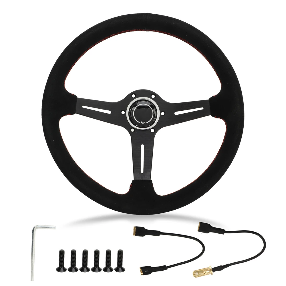 14in Steering Wheel Suede Red Stitching Improving Handling Racing Steering Wheel Universal for Cars