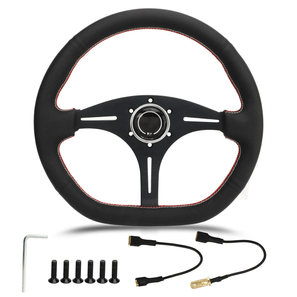 14in Steering Wheel Genuine Leather 6 Holes Improved Handling D Type Steering Wheel Universal for Cars