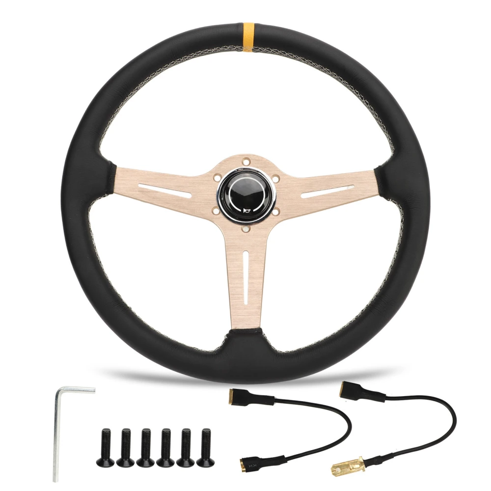 14.5in Steering Wheel Leather White Inner Stitching Copper Colored Frame Strong Grip Control Universal for Car Vehicle