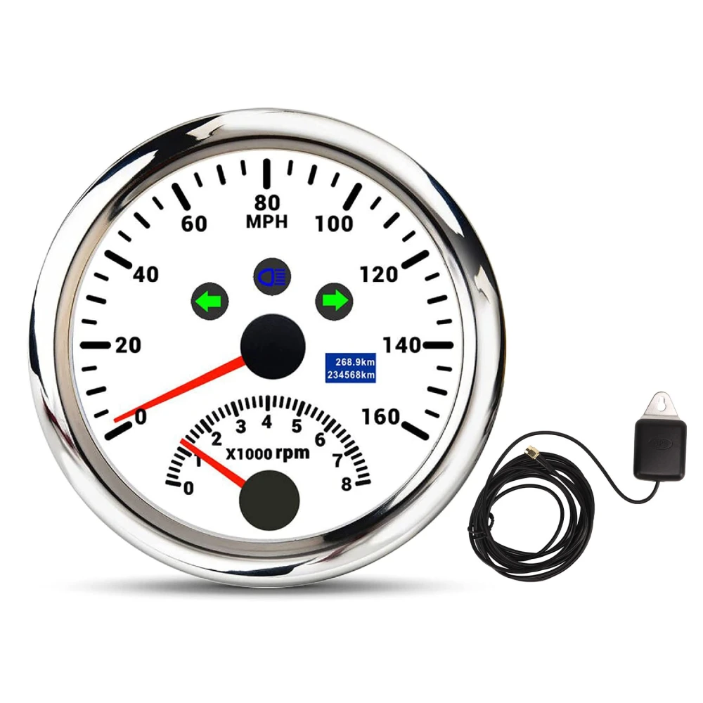 GPS Speedometer With Tachometer 8000RPM DC9 to 32V IP67 Waterproof 0 to 160MPH Red Backlight Accurate for Boat ATV White Dial