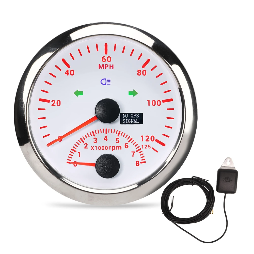85mm GPS Speed Gauge 3 3/8in 0‑125MPH Waterproof DC9‑32V for Ship Yacht Motorcycle ATV Engineering Vehicle White Dial