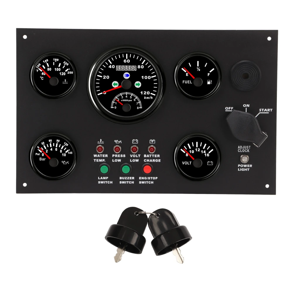 Boat Instrument Panel 120km Speed Water Oil Level Pressure Water Temperature Time Clock Display Voltage Alarm for RV 24V