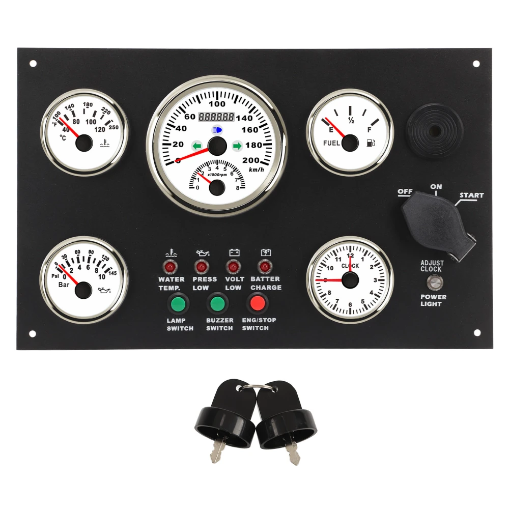 Marine Dash Instrument Panel Engine Speed Oil Level Pressure Water Temp Time Display with Low Voltage Alarm Red Backlights 24V