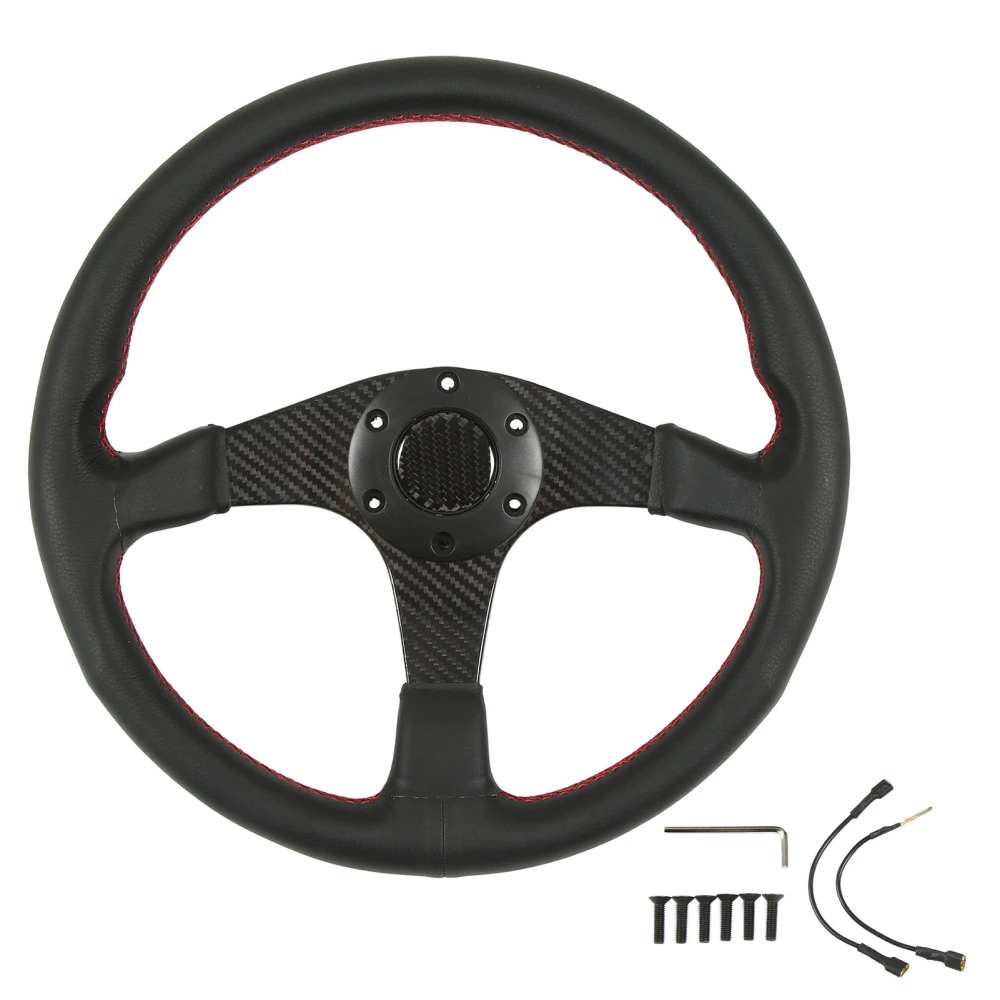 Steering Wheel with Horn Cover 350mm 6 Hole Carbon Fiber Leather Red Stitching Comfortable Grasp Universal for Vehicle