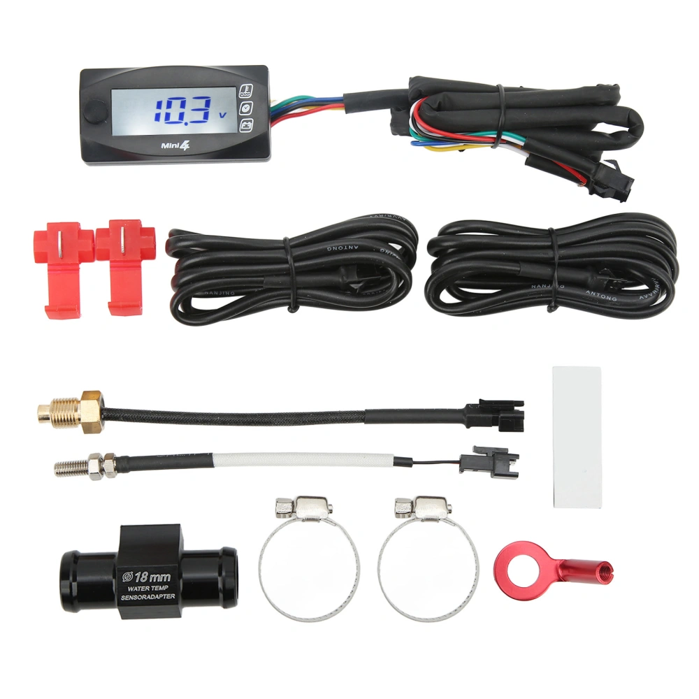 4 in 1 Motorcycle Digital Thermometer LCD Screen Engine Water Voltage Time Meter Universal DC12V 18mm Tee Adapter