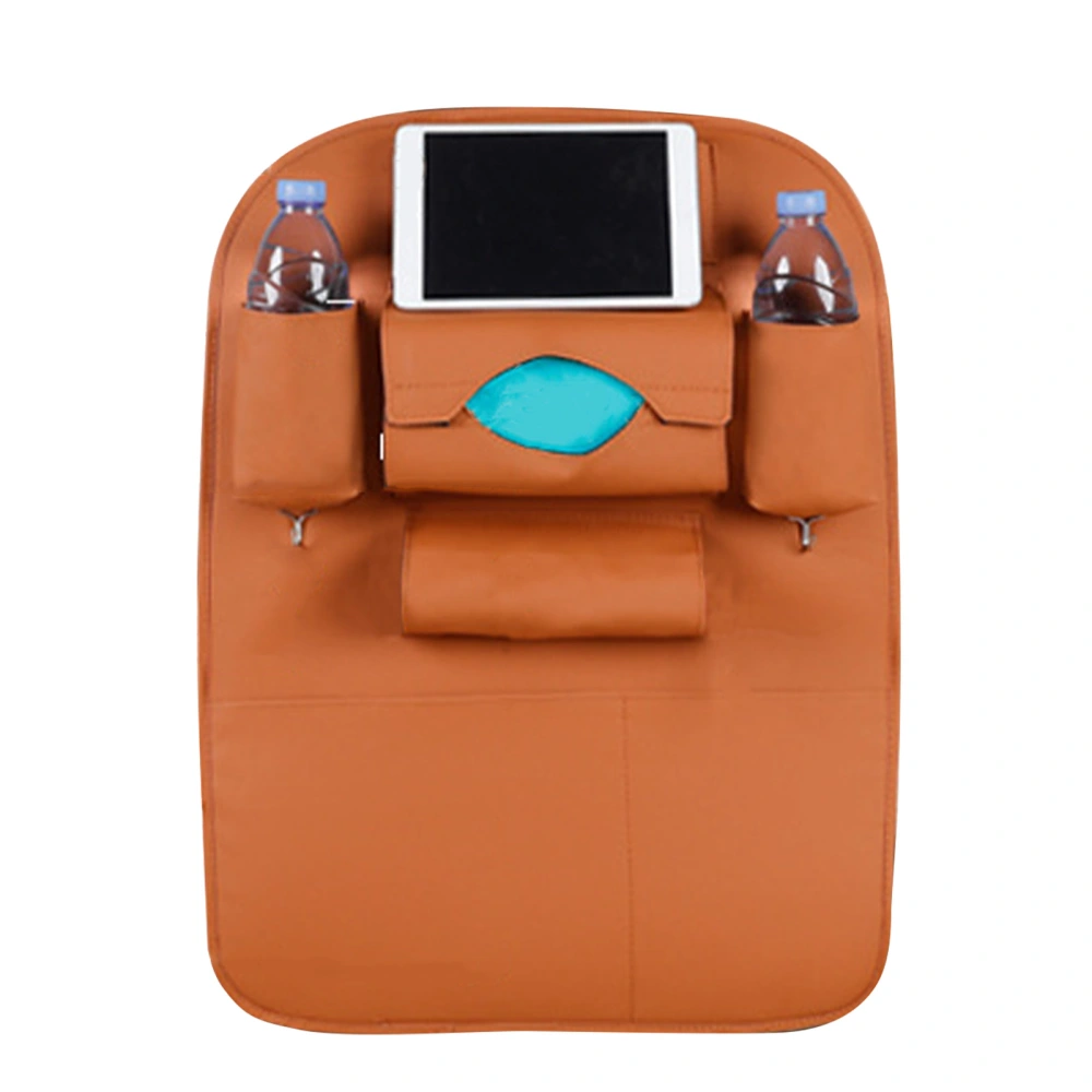 Car Chair Back Bag Multi Pockets Space Saving Protective PU Leather Seat Back Organizer for Water Cup Book Tissue Brown (Normal Version)