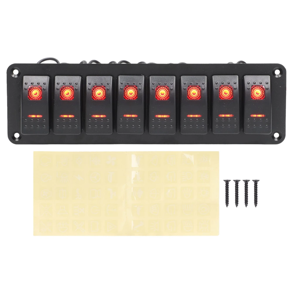 8 Gang Rocker Switch Panel LED Backlit On Off Switch Waterproof Overload Protection Pre Wire for Car RV Bus Marine Boat Red