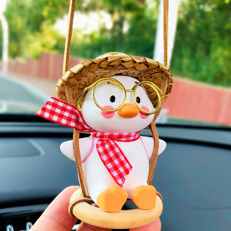 Rearview Mirror Swinging Duck Interior Decoration Pendant Car Hanging Accessories Red Tie with Straw Hat