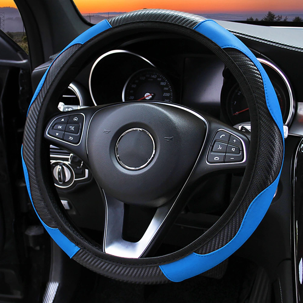 38CM Steering Wheel Cover Carbon Fiber Style Elastic Handle Sleeve Non Slip Steering Wheel Cover for Car Black Blue