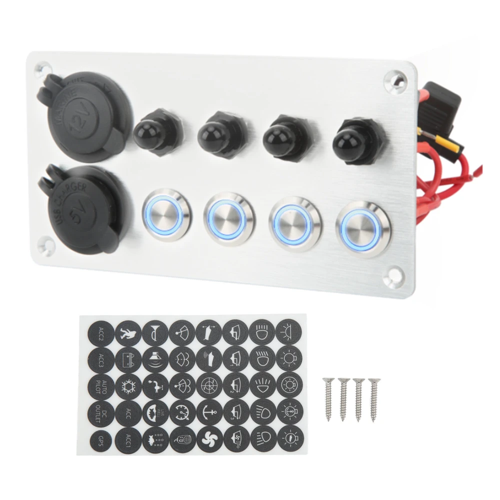 4 Gang Push Button Switch Panel With Circuit Breakers Cigarette Lighter Socket USB Charging Port Blue Backlight for RV