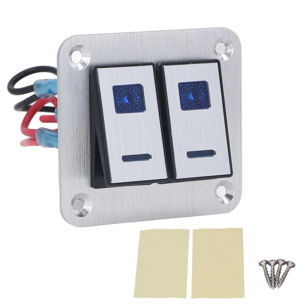Rocker Switch Panel 2 Gang On Off Toggle Switch Panel Waterproof Car RV Yacht Modification Panel Silver Oxide Surface with Blue LED Light