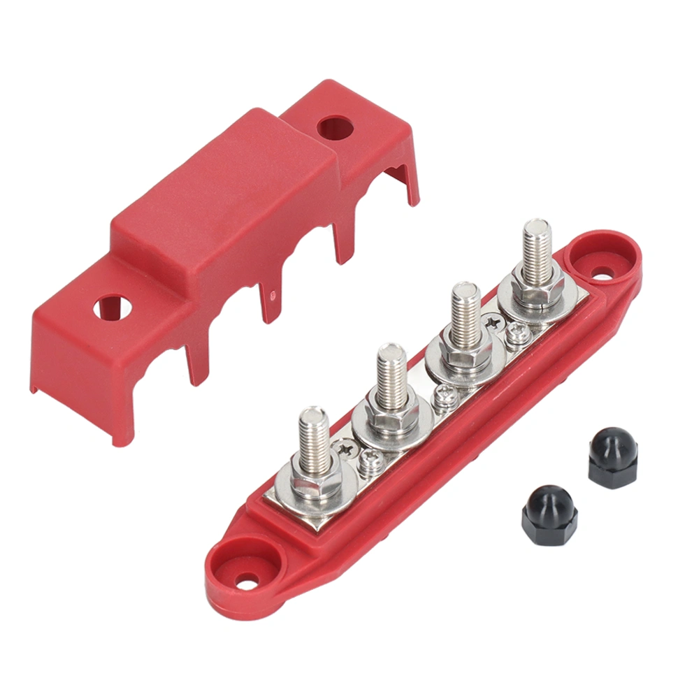 4 Stud Power Distribution Block with Cover 3/8in Marine Busbar for RVs Boats Trailers 12‑48V Red
