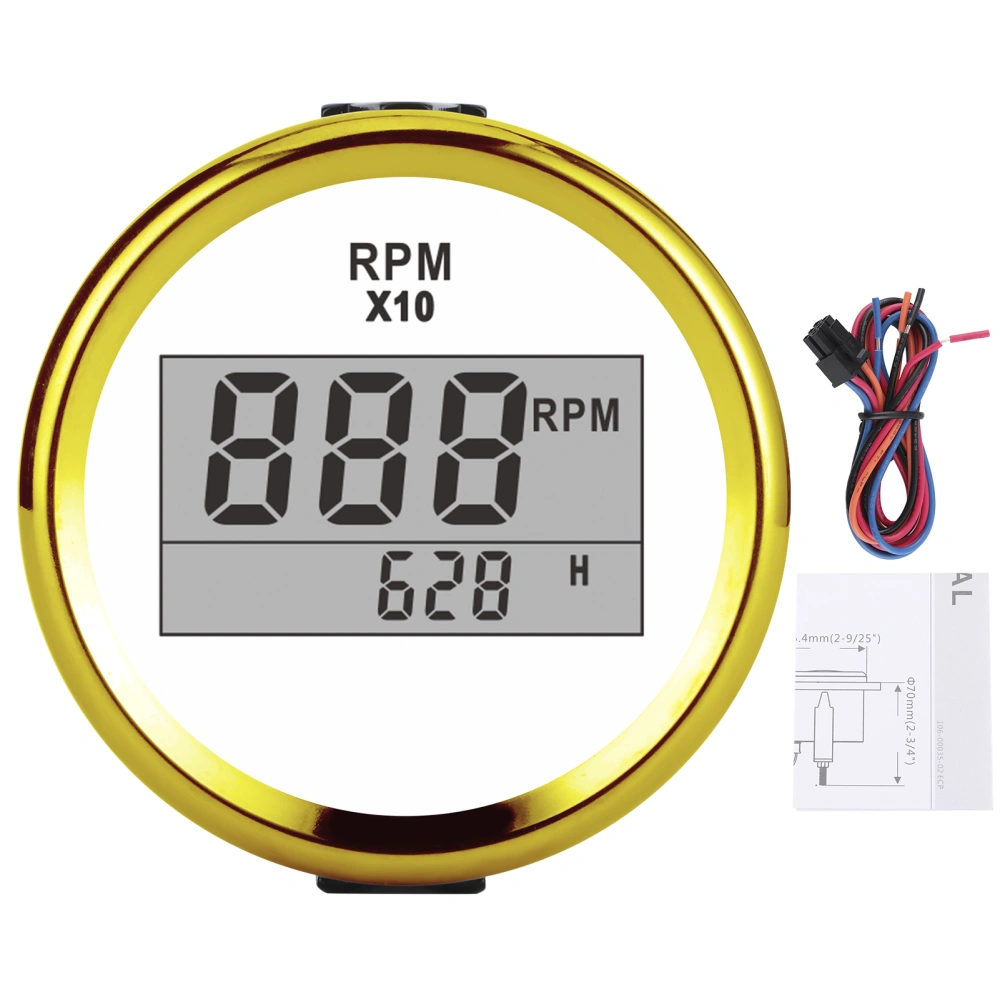 0‑9990RPM Tachometer Gauge IP67 Waterproof Red Backlight 52mm/2in LCD Display 9‑32VWhite Dial Gold Cover