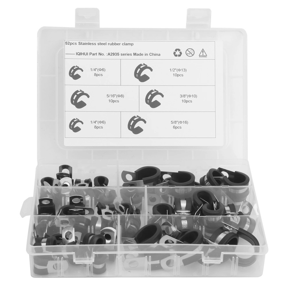 52pcs R-Type Pipe Clamp Assortment Kit Rubber Cushion Clips 5 Sizes 1/4in 3/8in 1/2in 5/8in 5/16in