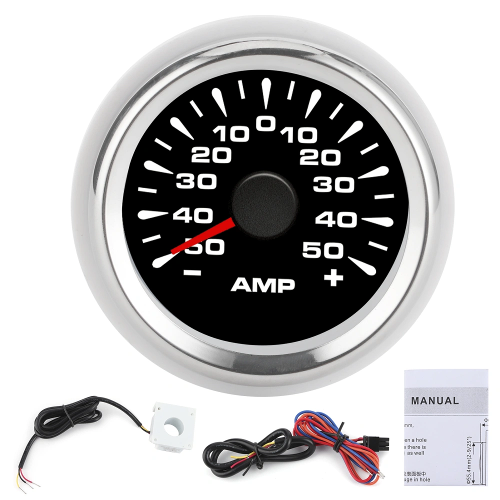 50A Ammeter AMP Gauge LCD Display Stepper Motor Ampere Meter IP67 Waterproof UniversalBlack Dial Silver Frame