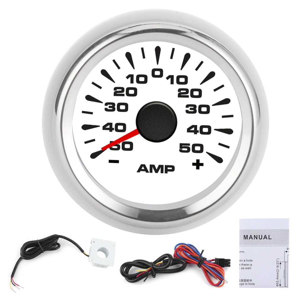 50A Ammeter AMP Gauge LCD Display Stepper Motor Ampere Meter IP67 Waterproof UniversalWhite Dial Silver Frame