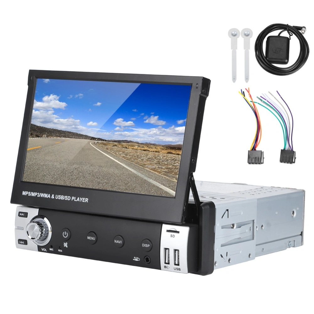 7in Single Din Car Player GPS Navigation System Front USB Telescopic Screen Bluetooth HF Radio Stereo AIOScreen Popup Automatically