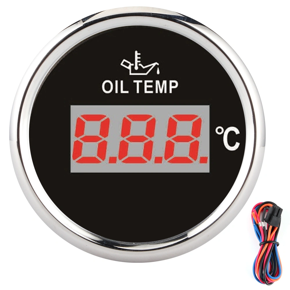 Universal Digital Oil Temperature Gauge 52mm 50‑150℃ W/Red Backlight 12V/24V for Car Boat Yacht MotorcycleBlack Dial Silver Frame