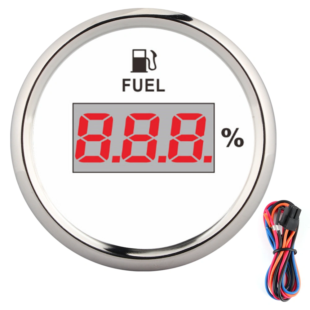 2in 190ohm Fuel Gauge Digital Oil Level Meter Percentage for 12V/24V Yacht Boat Cat MotorcycleWhite Dial Silver Frame