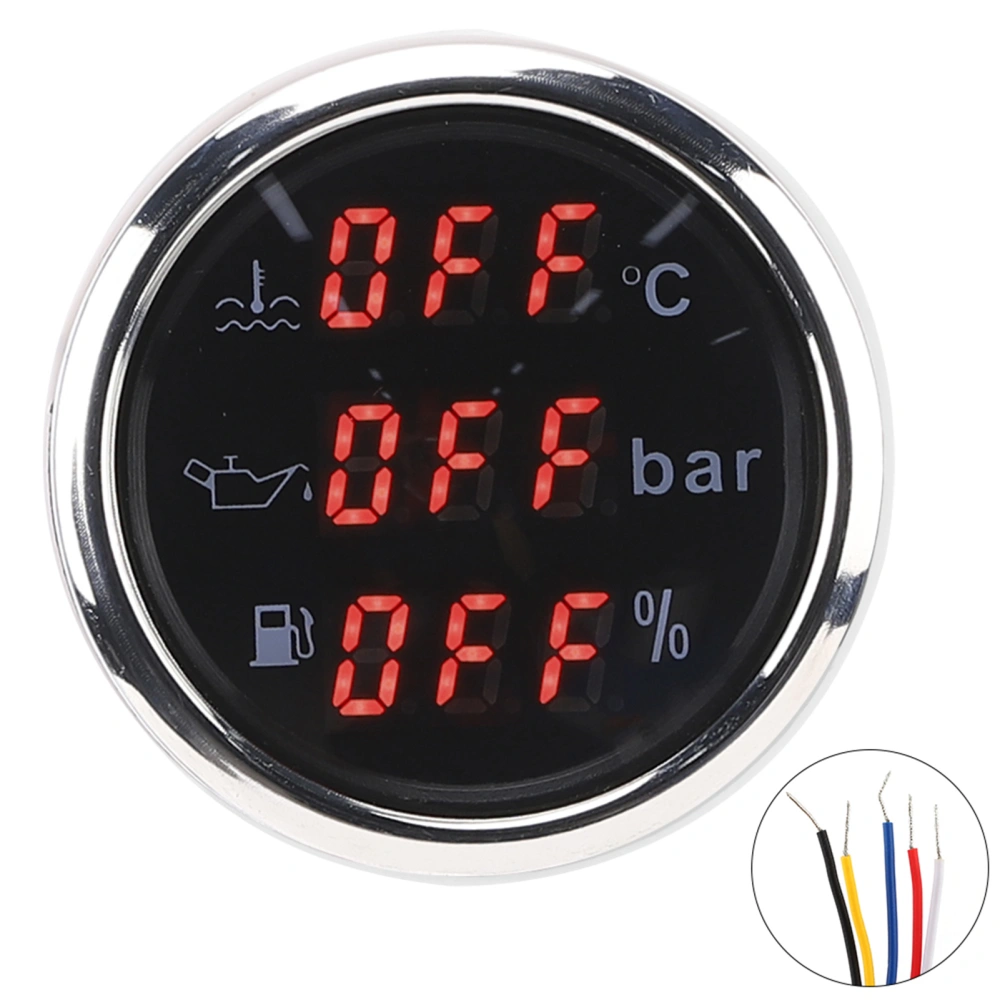 2in 3‑In‑1 Meter Cooling Water Temperature Oil Pressure Fuel Level Gauge European Standard 0‑190ΩBlack Dial