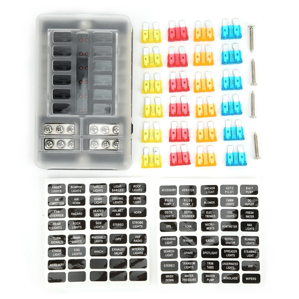 12 Way Fuse Box Car Boat Waterproof Fuse Holder Block M5 Stud with LED Indicator 12V‑32V