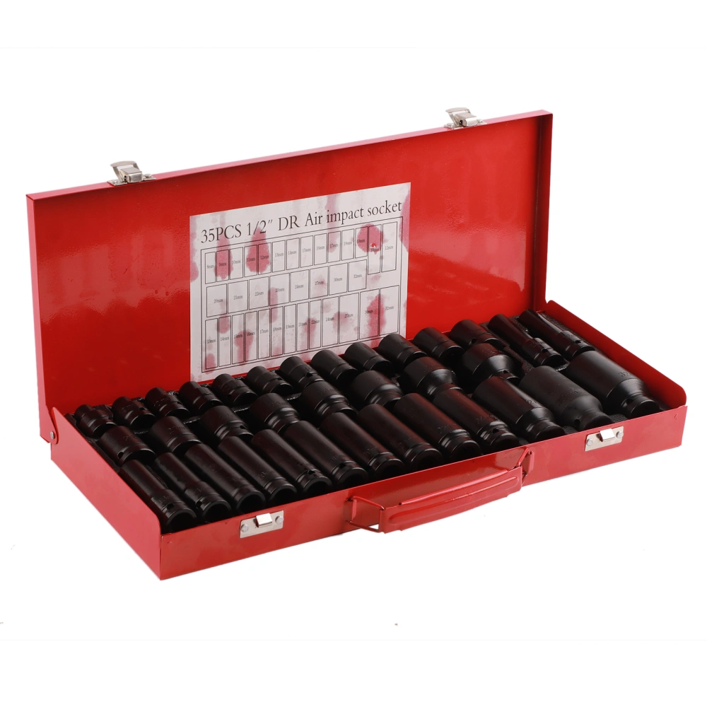 35Pcs Hex Bit Socket Sleeve Sets Metric Deep Impact for 1/2In Drive Ratchet 6 Point Tip Work Tool