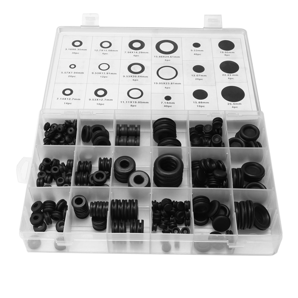 250Pcs Rubber Grommet Wire Ring Electrical Gasket Seal Accessory with Storage Box