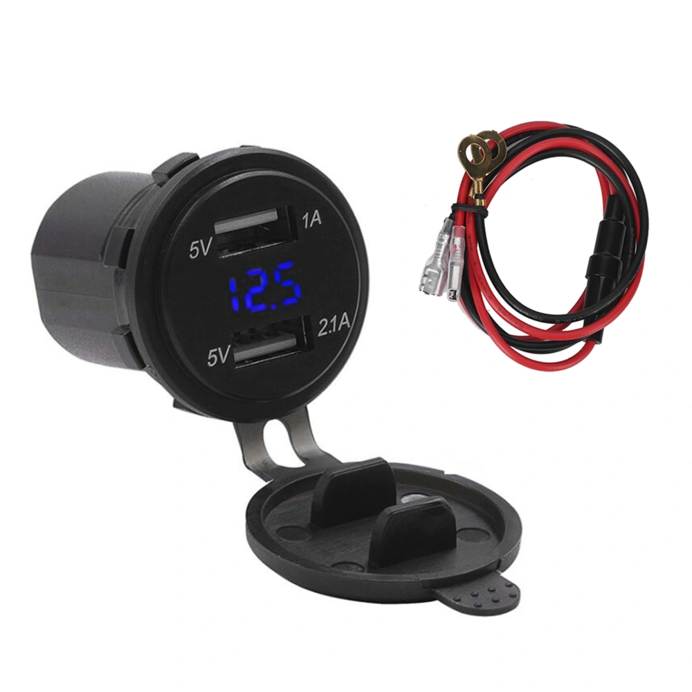 5V/1A 5V/2.1A Dual USB Ports Car Charger Voltage Display Digital Voltmeter Vehicle IP66 Waterproof Blue DC12‑24V