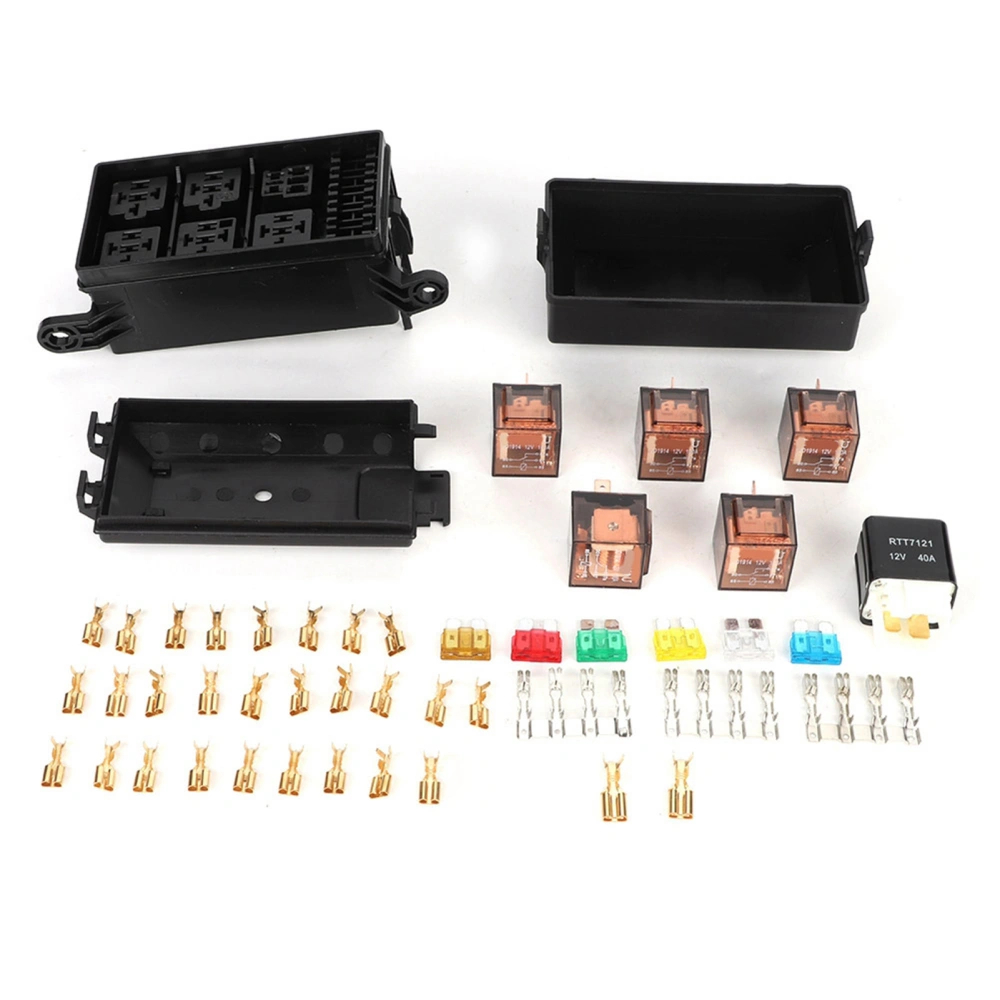 6-Way Car Fuse Box with 1pc 4p 12v and 5pcs 100A Transparent Shell Relays for Ships Car Racing