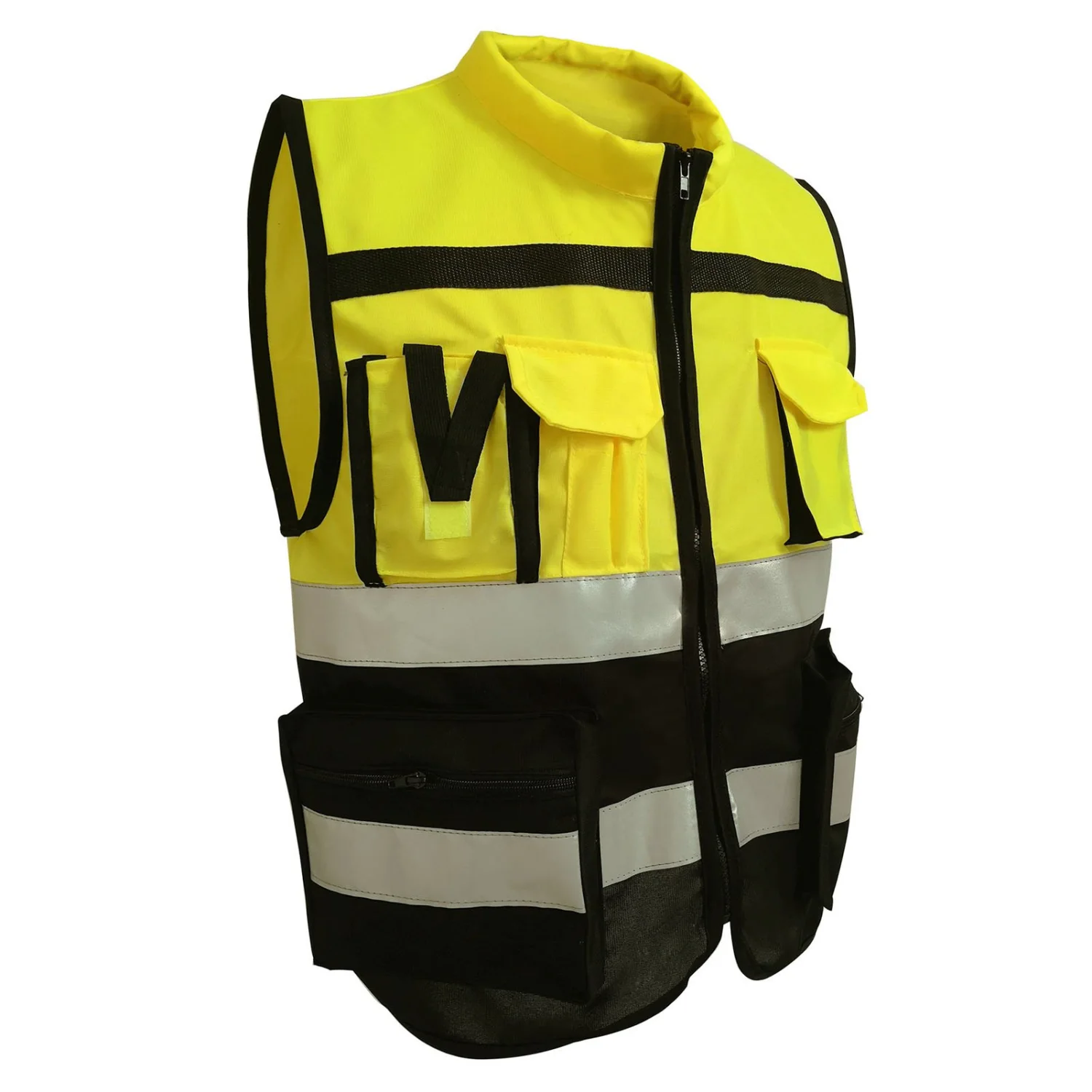 Reflective Safety Vest High Visibility Zipper Front Soft Collar Security Vest with Pockets for Working Yellow Black XL 175