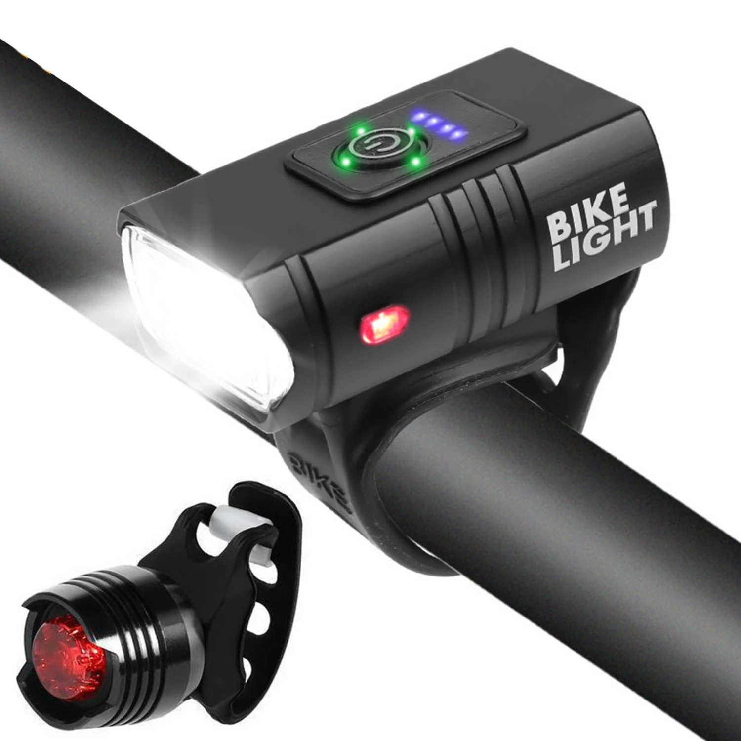 USB Rechargeable Bike Light Set with Power Display 6 Lighting Modes Waterproof Bike Headlight Taillight for Cycling Black