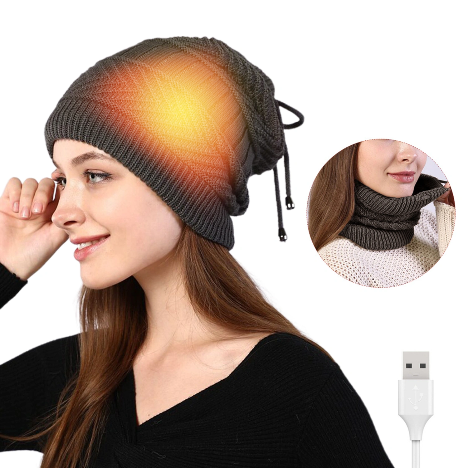 USB Electric Heating Warm Hat Outdoor Knitted Hat Scarf Heated Hat for Skiing Cycling Climbing