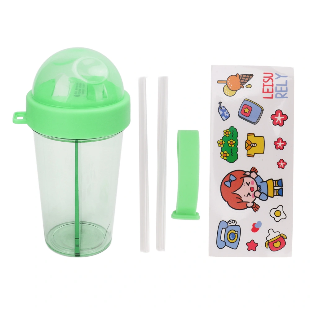 Dual Drink Straw Bottle Water Cup Leakproof Portable with Sticker for Outdoor Camping Sports Jogging Green