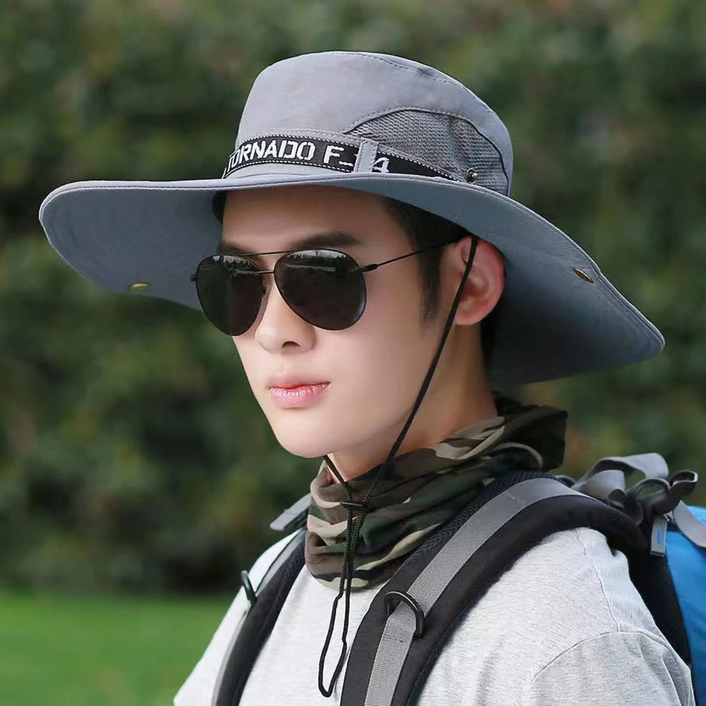 Male Sun Hat Summer Fashionable Big Brim Semi Breathable Men Fisherman Hat for Outdoor Light Grey