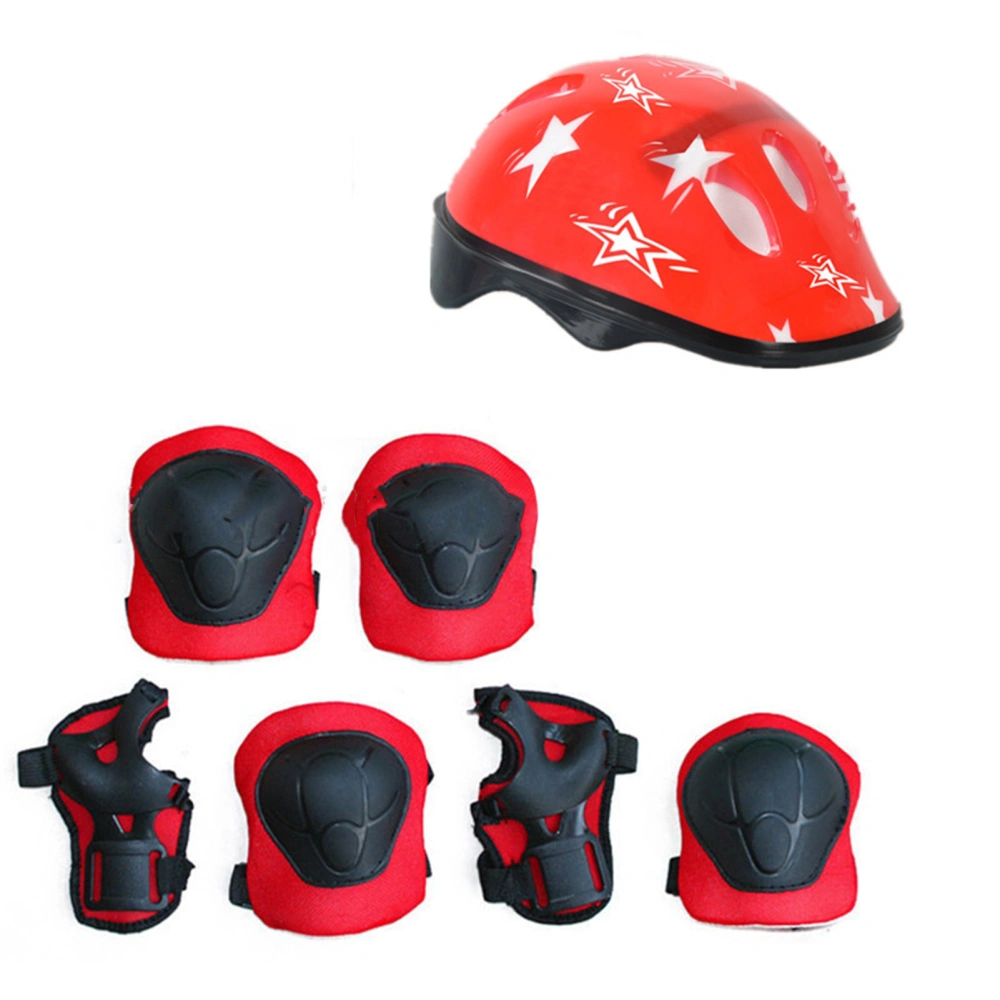 7Pcs Kids Skateboard Protection Kit PVC Helmet Knee Elbow Wrist Pad for Skating Cycling Red