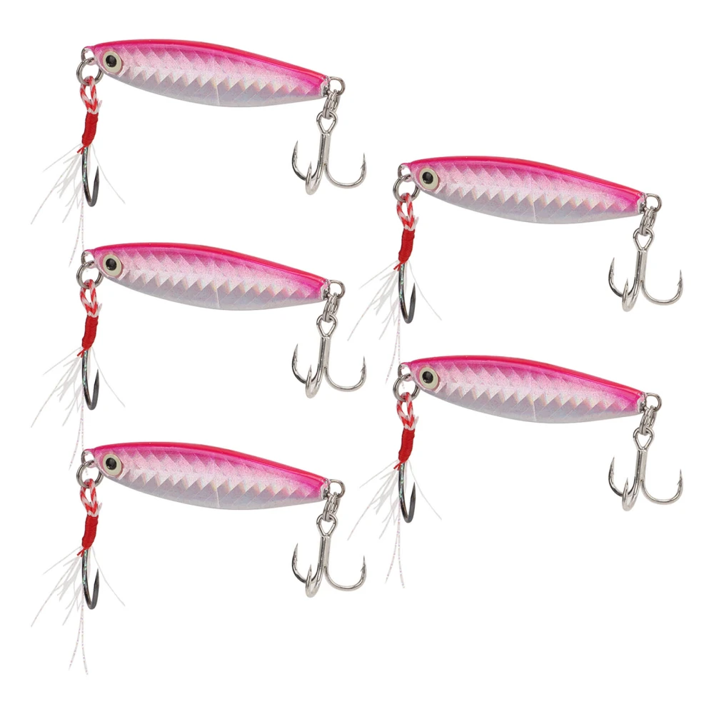 5Pcs 15g Metal Vib Hard Fishing Lures Jigging Fishing Baits Artificial Hard Lure with Sequin Laser Feather Hook Pink