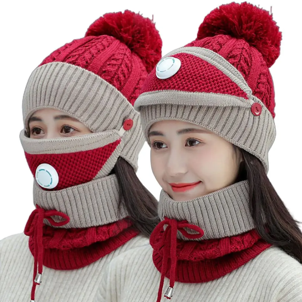 3 in 1 Winter Knitted Beanie Hat Face Cover Scarf Set with Breathable Value Windproof Warm Fleece Lining with Pompom for Women Girls Cycling Skiing