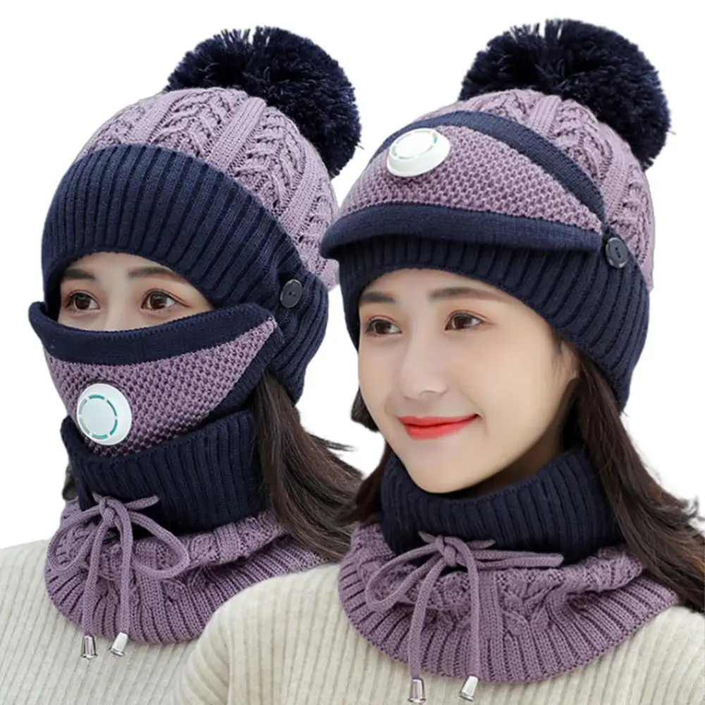 3 in 1 Winter Knitted Beanie Hat Face Cover Scarf Set with Breathable Value Windproof Warm Fleece Lining with Pompom for Women Girls Cycling Skiing