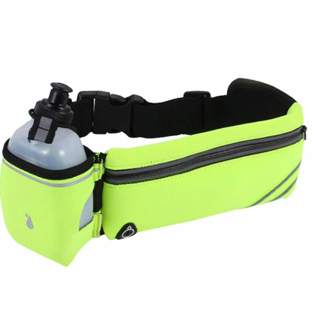 Running Belt Waterproof Adjustable Elastic Waist Strap Outdoor Sports Waist Bag with Water Bottle Green