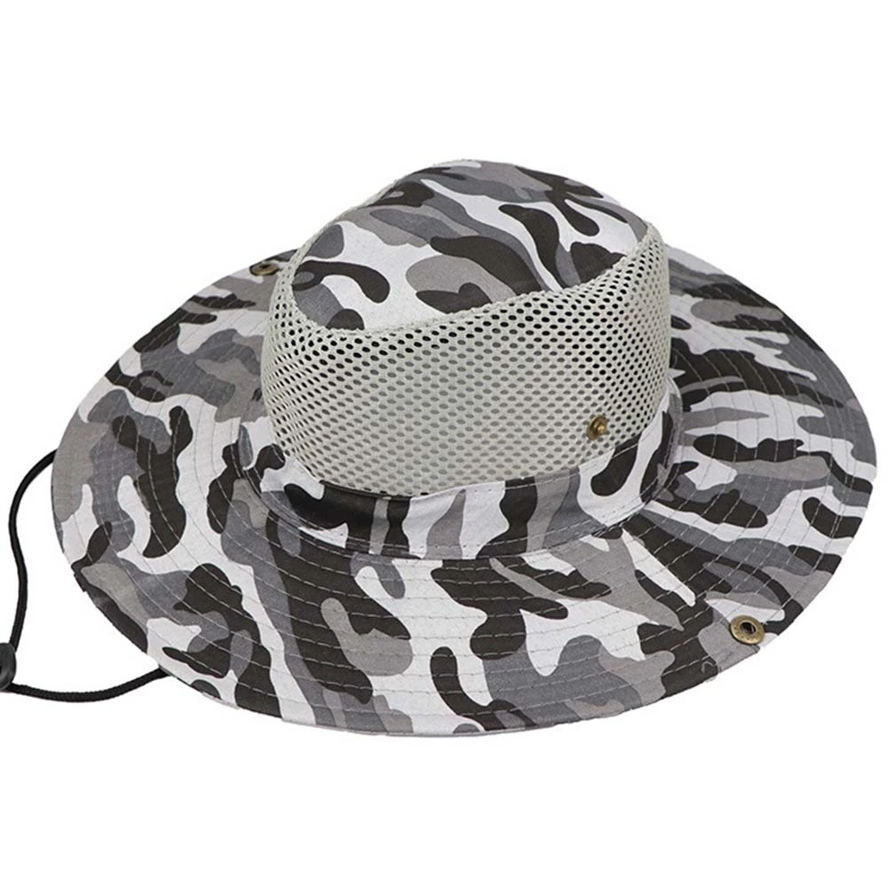 Bucket Hat Fishing Sun Protection Outdoor Fishing Cap Camouflage Mesh White Grey