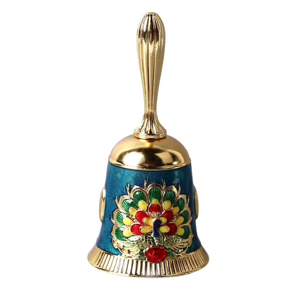 Hand Bell Vintage Brass Antique Exquisite Carved Pattern Hand Call Bell HandBell for Dinner Wedding Party Family School Gold with Colorful Blue