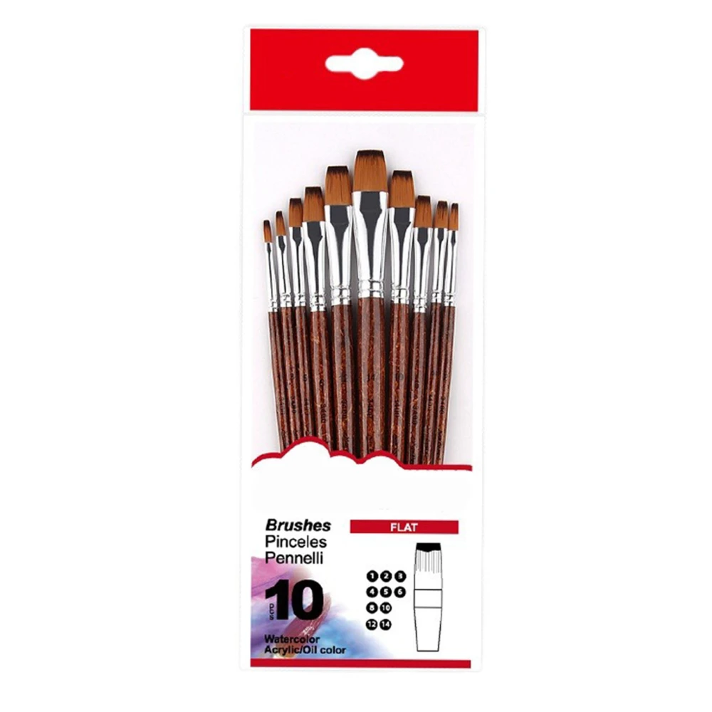 10PCS Oil Paint Brushes Set Wood Handle Nylon Bristles Soft Comfortable Grip Watercolor Brushes for Kids Adults Brown Pen Handle Flat Peak Set